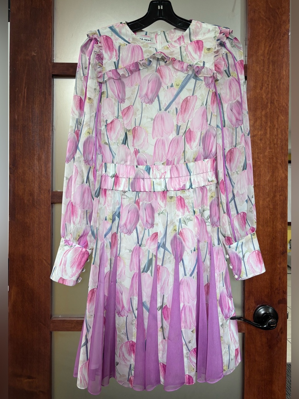 Nora Noh Floral Pink Long-Sleeve Ruffle Dress